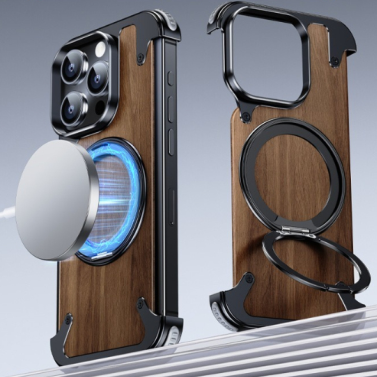 Custodia iPhone in Legno Naturale con Supporto Rotante