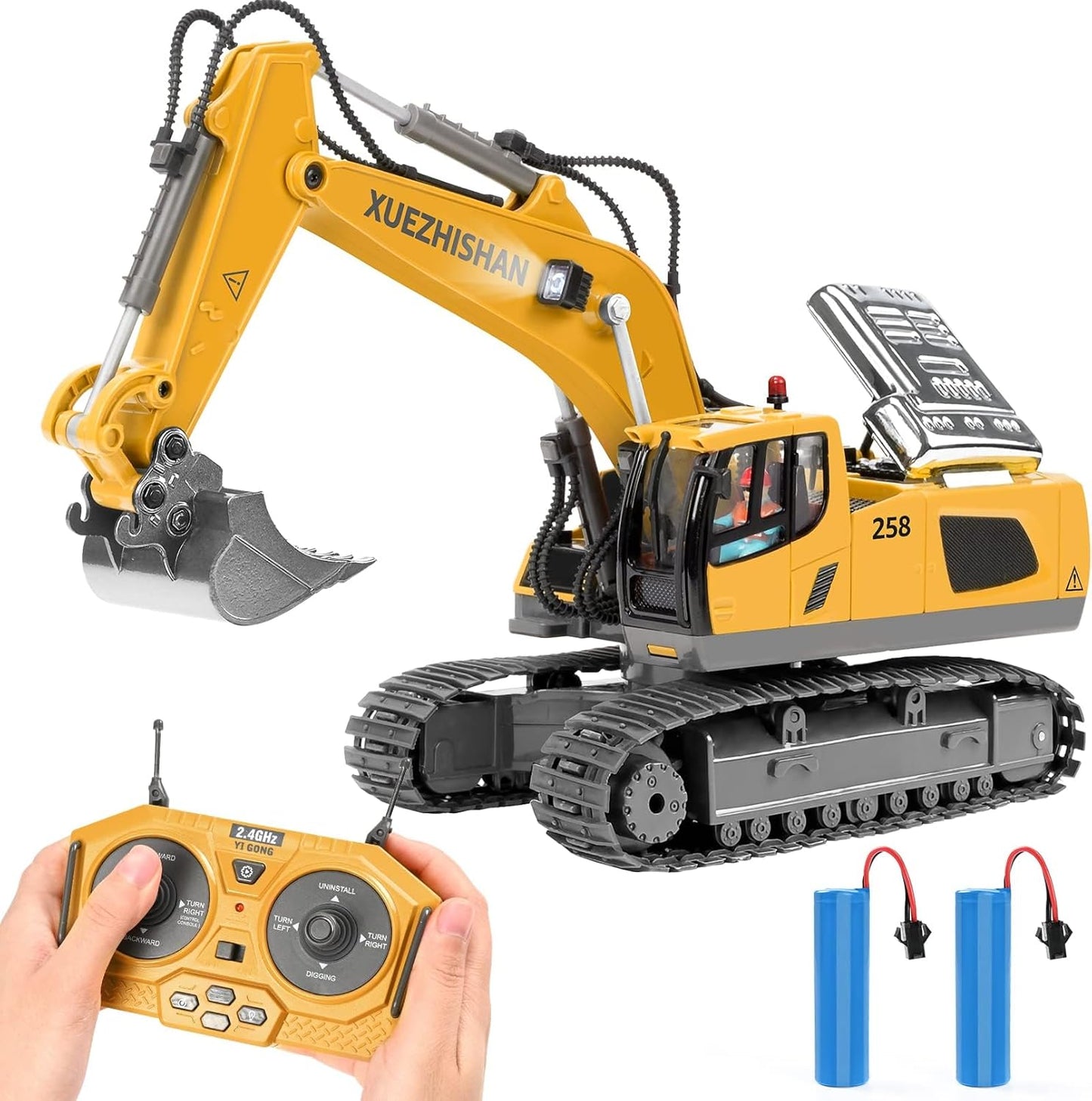 Escavatore Giocattolo RC 6 Ruote con Pala in Metallo ed Effetti Sonori