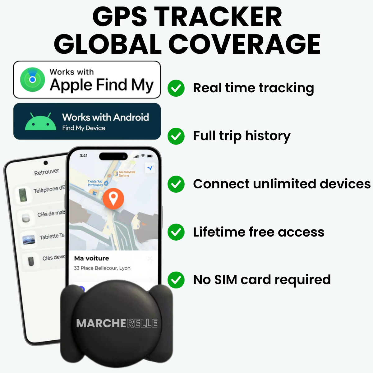 Marcherelle - GPS Tracker No Subscription Required | Works with Android & iOS
